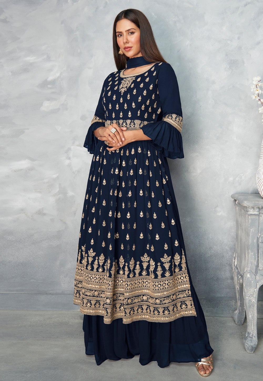 Navy Blue Georgette Palazzo Suit 237106