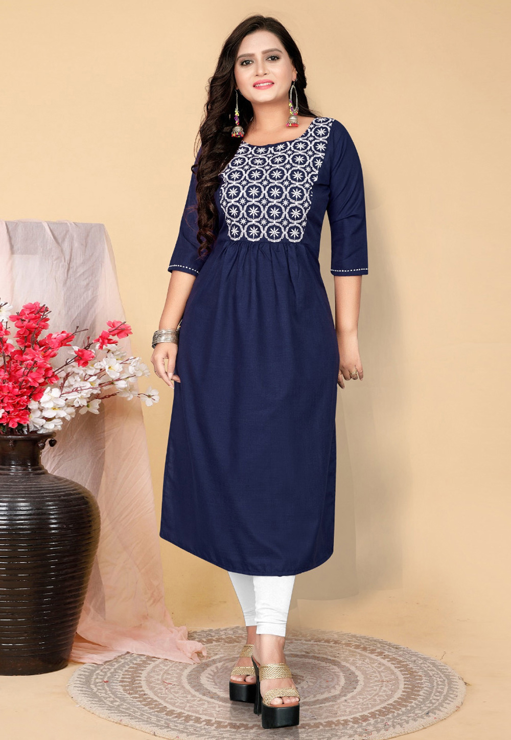 Buy Navy Blue Embroidered Faux Georgette Party Wear Kurti Online -