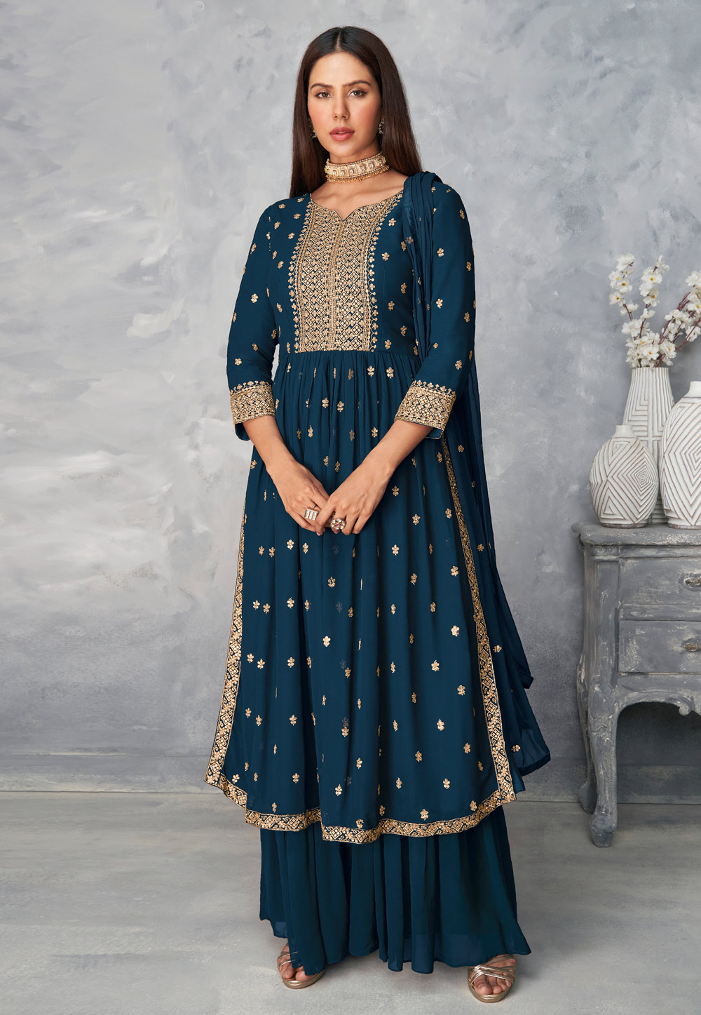Navy Blue Georgette Kameez With Palazzo 237109