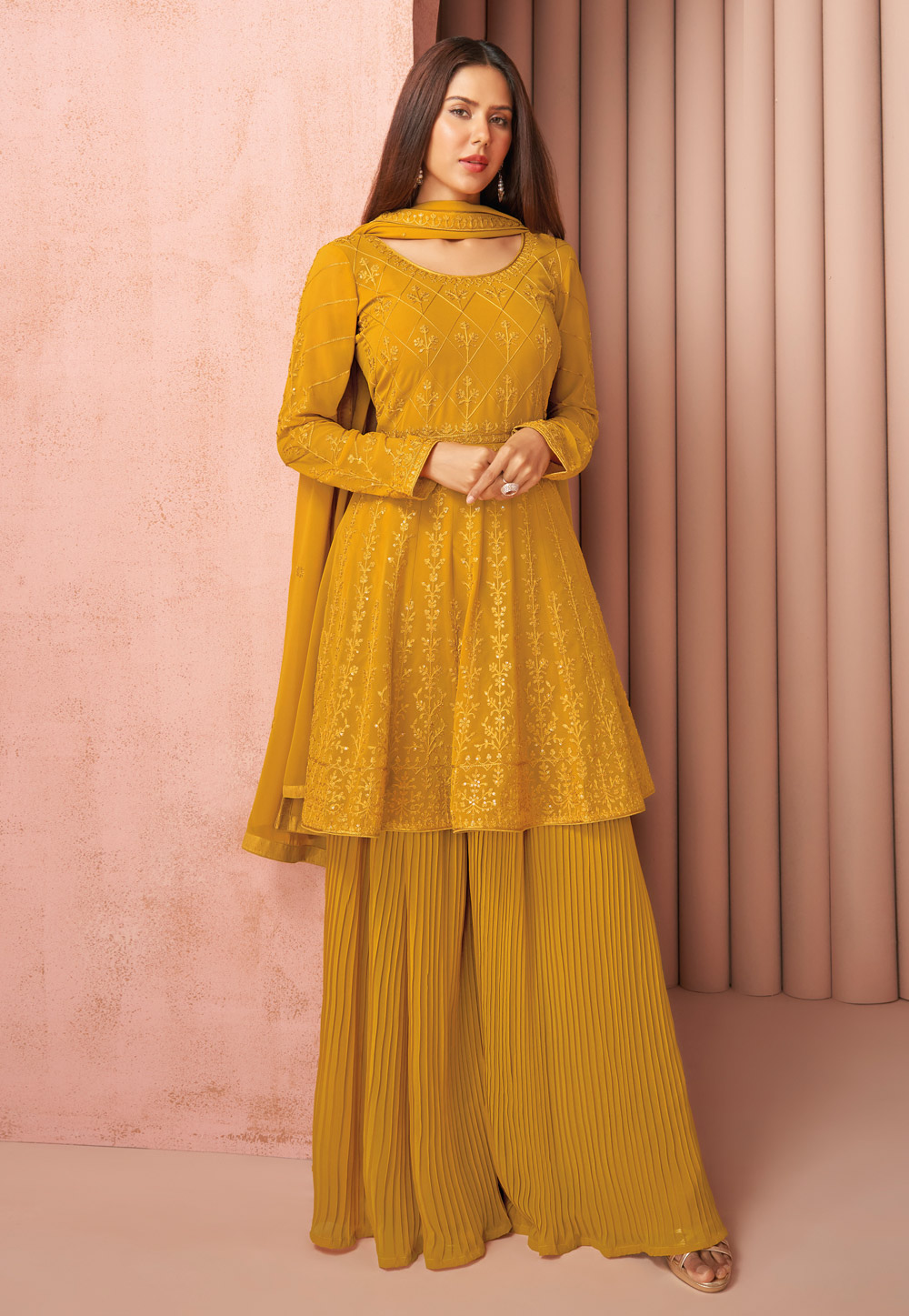 Mustard Georgette Palazzo Suit 236086