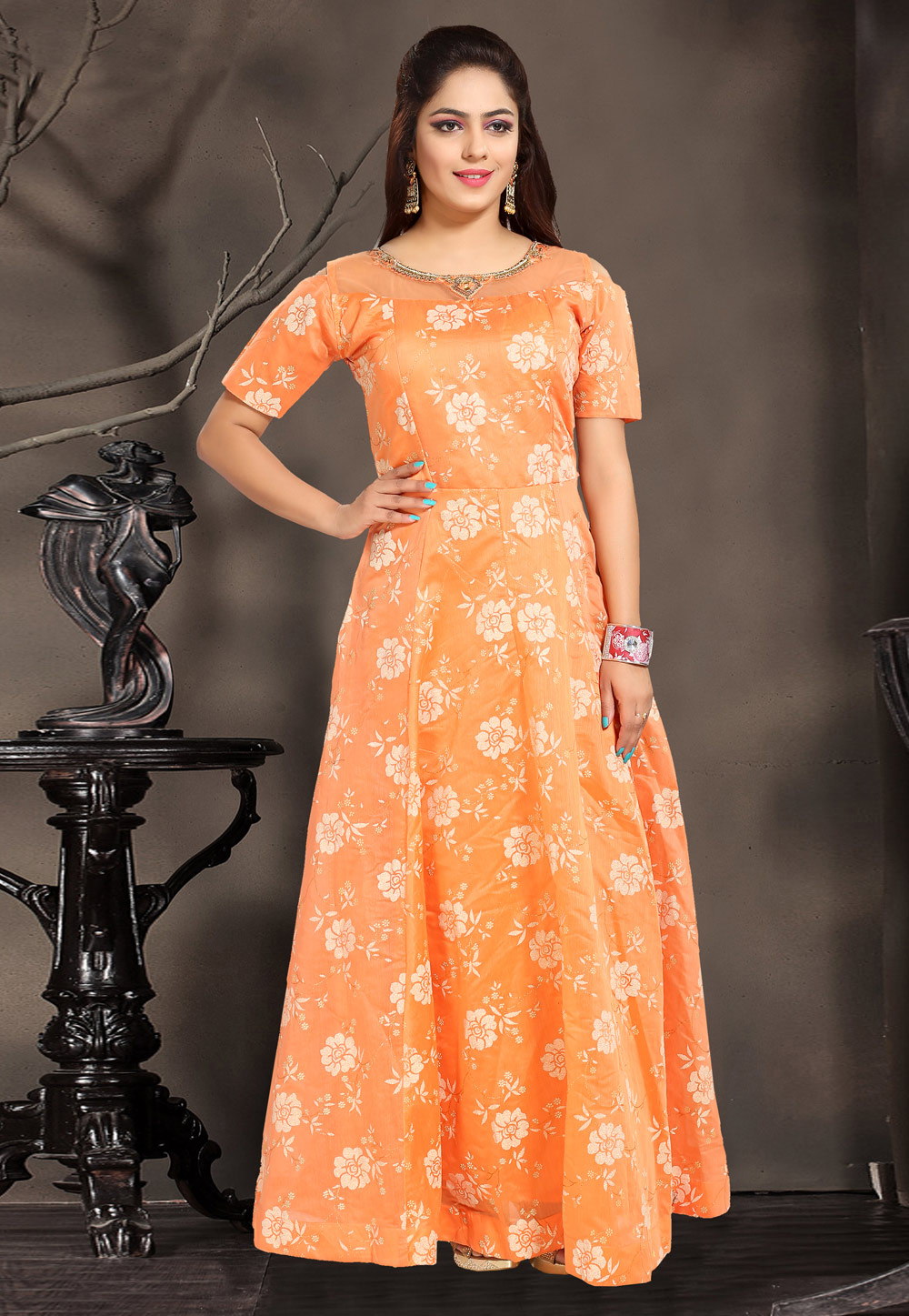 Orange Chanderi Silk Readymade Gown 194204