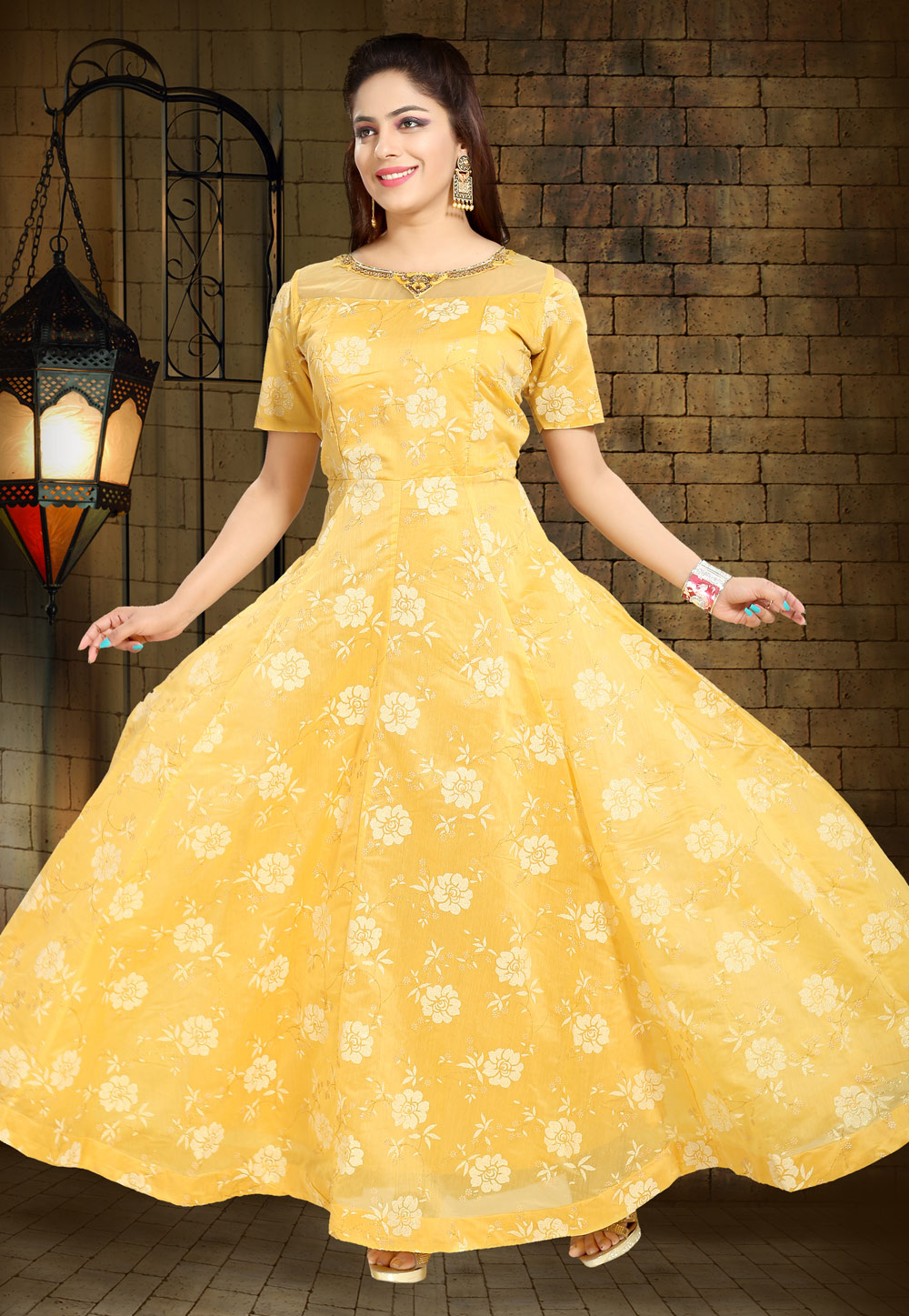 Yellow Chanderi Silk Readymade Gown 194205