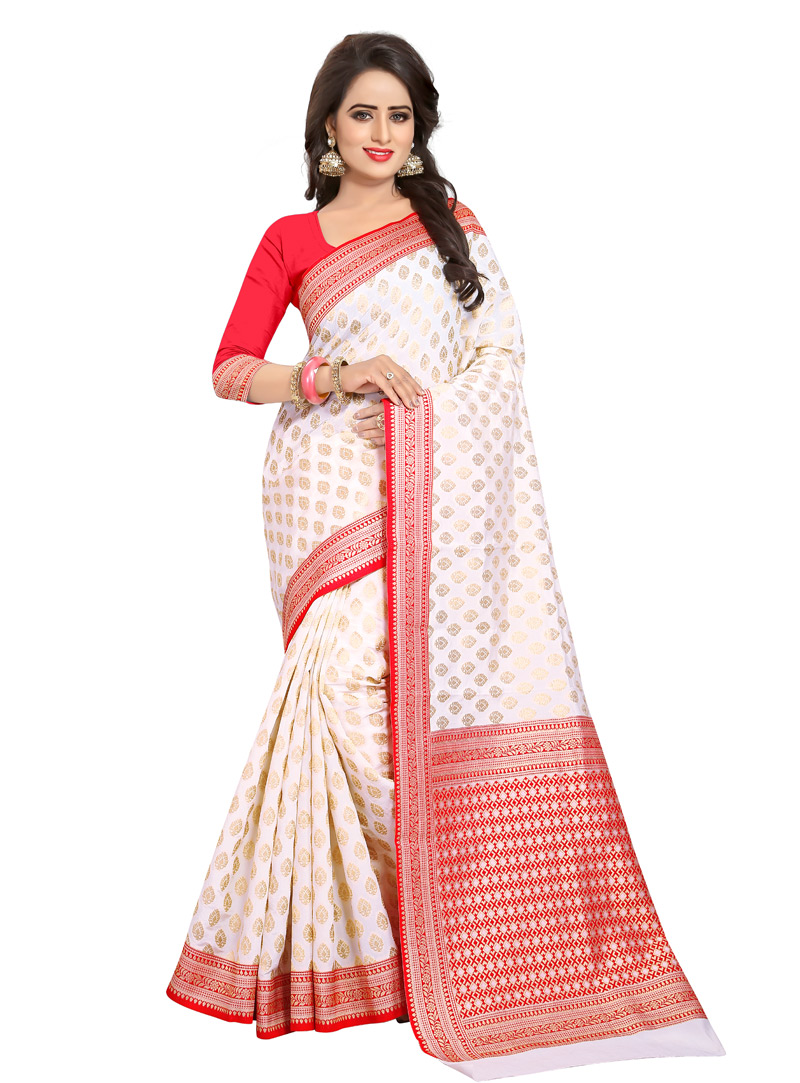 White Banarasi Silk Saree With Blouse 101175