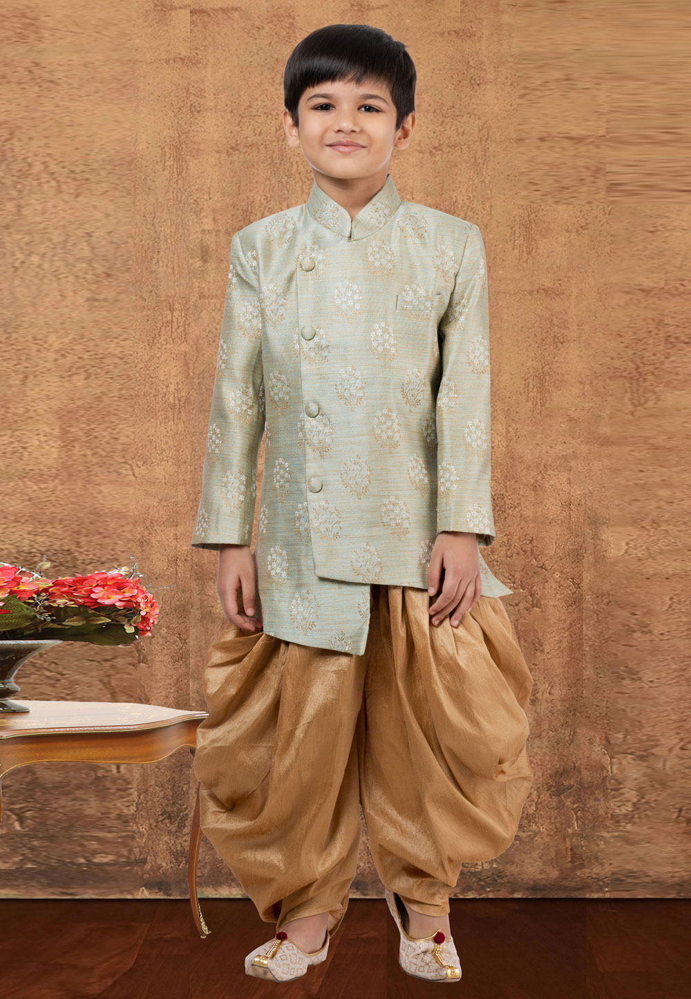 Pista Green Jacquard Silk Kids Indo Western Suit 265235