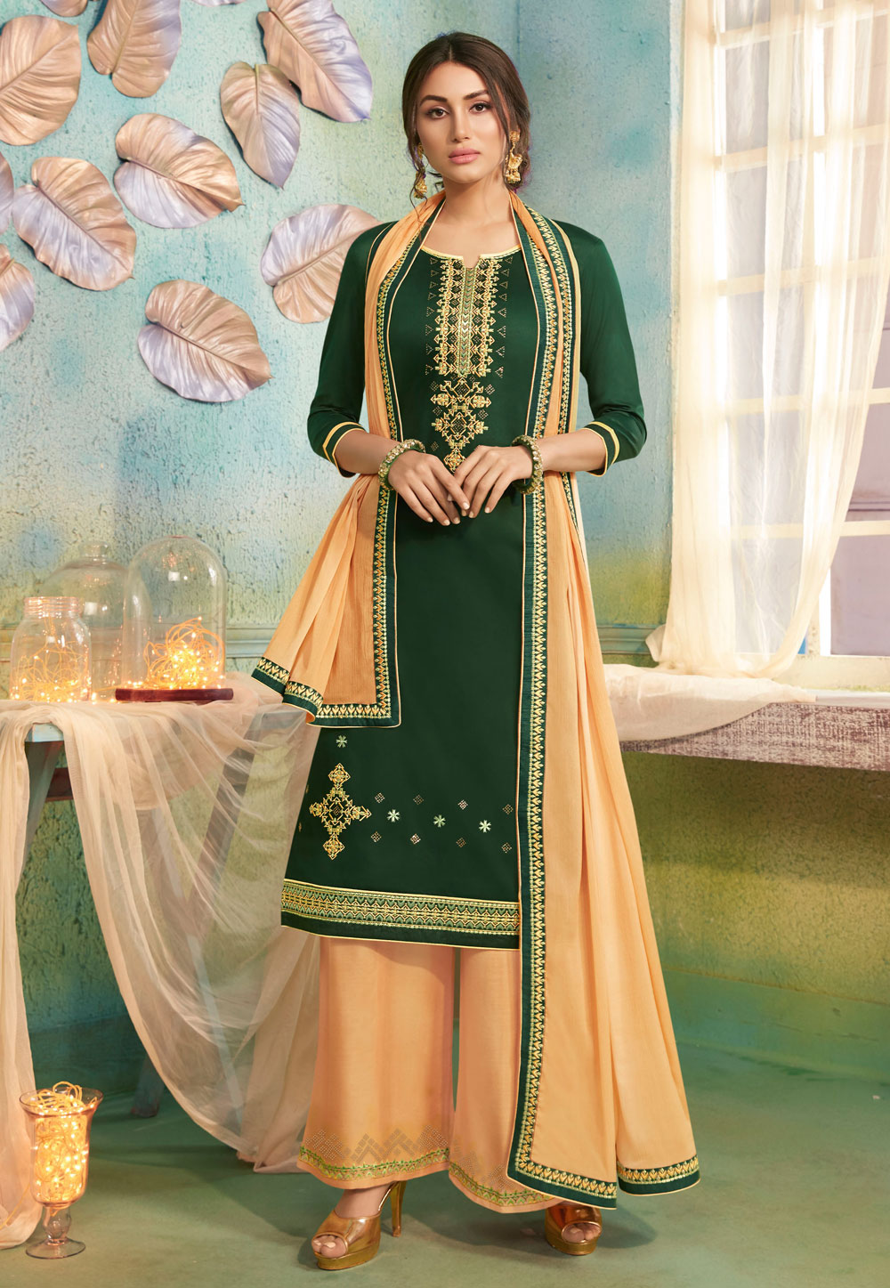Green Silk Palazzo Style Suit 192053