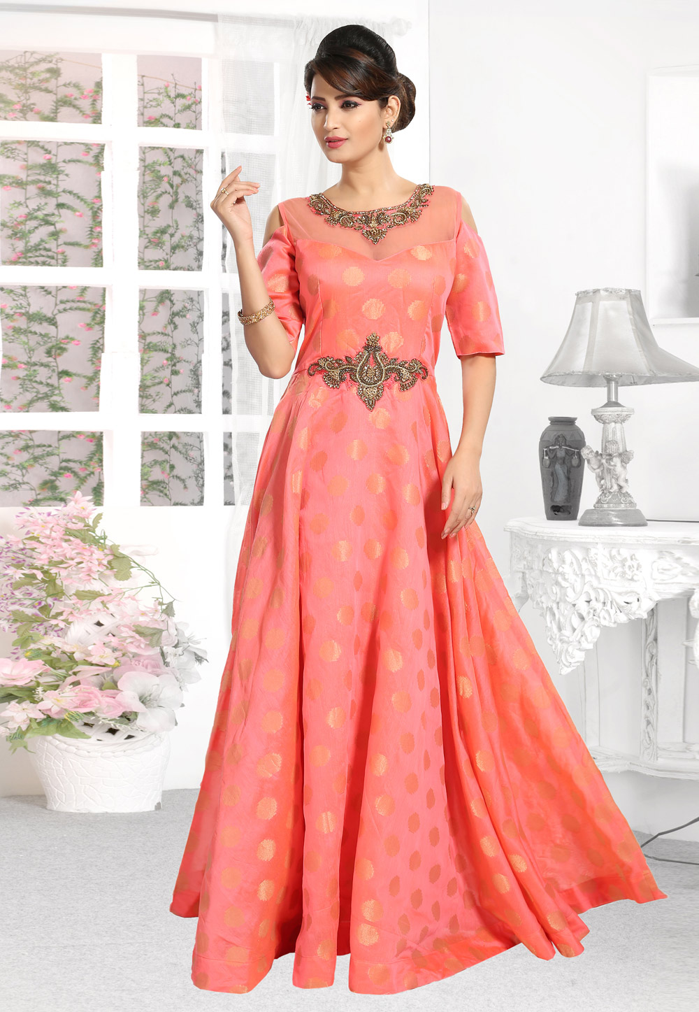 Pink Chanderi Silk Readymade Gown 194206