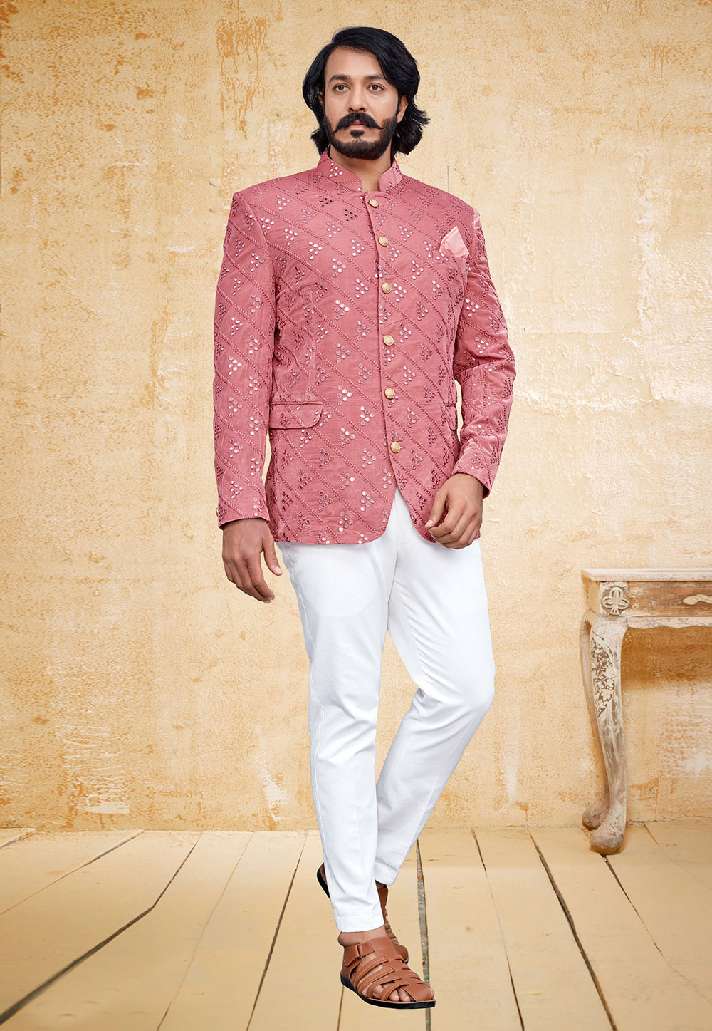 Pink Velvet Jodhpuri Suit 249670