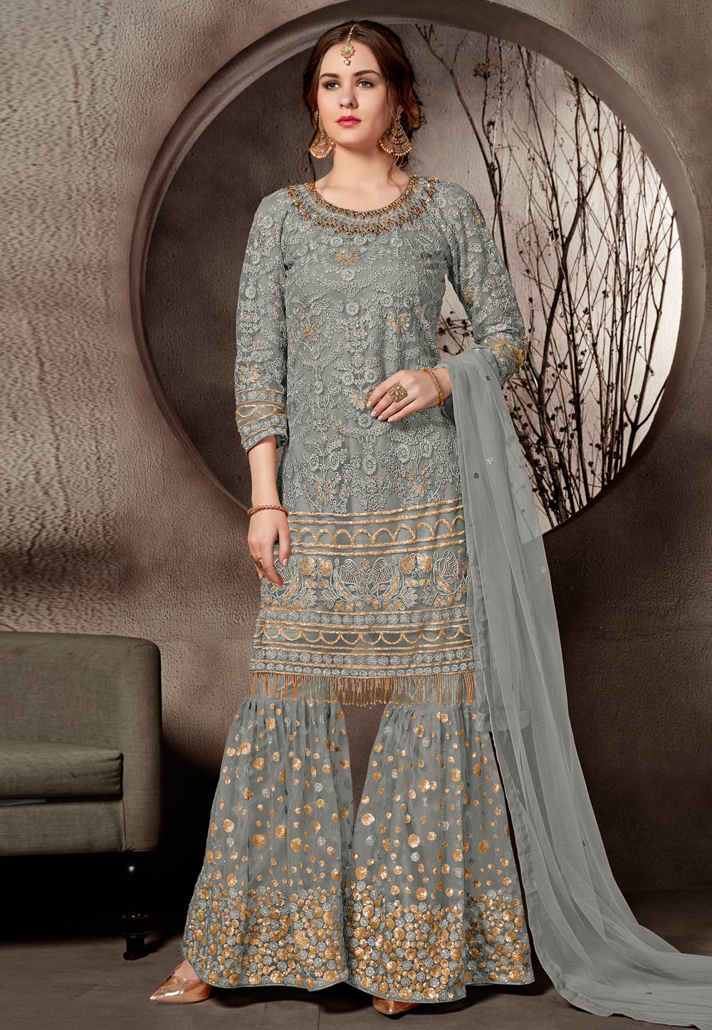 Grey Net Embroidered Sharara Suit 168745
