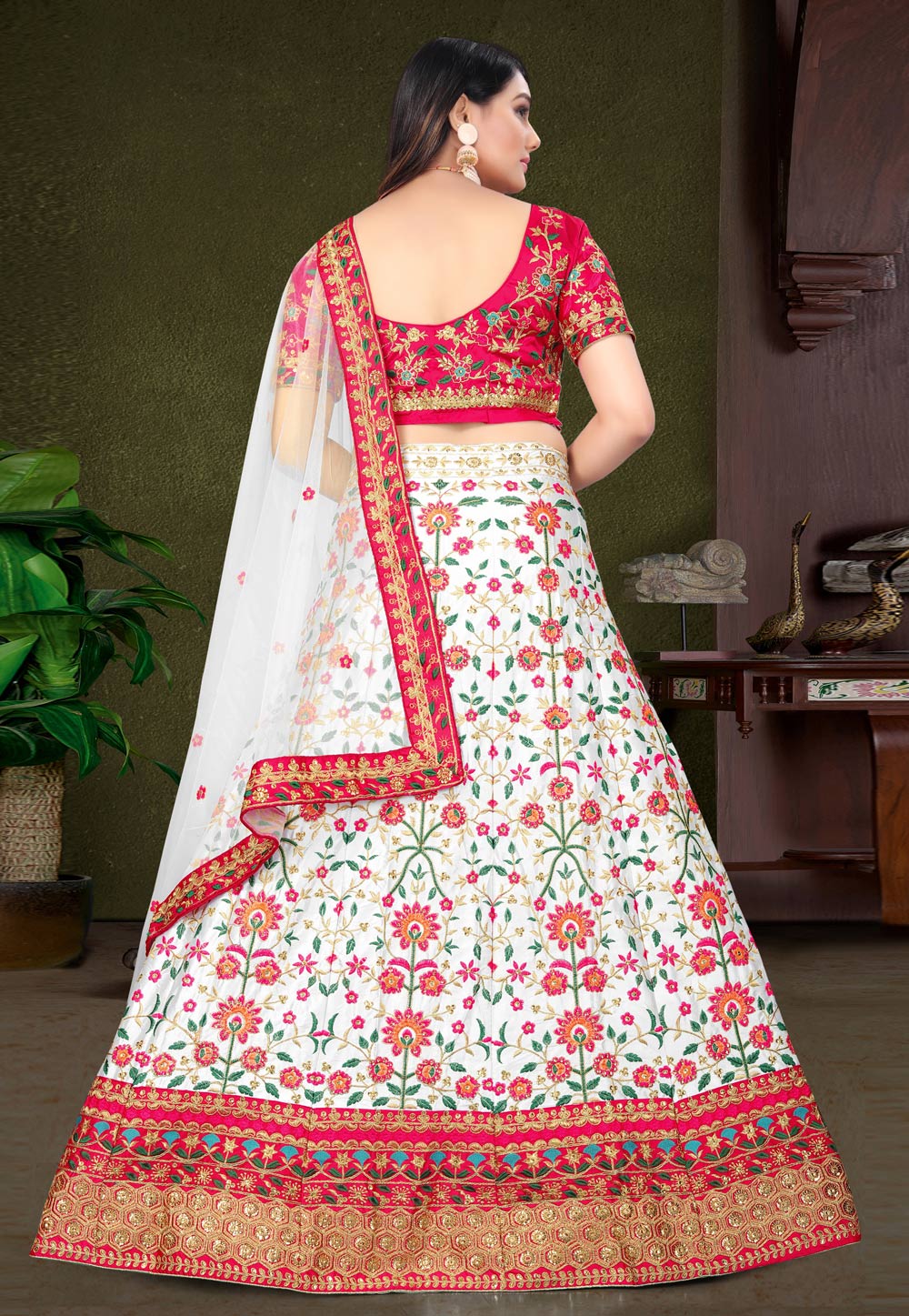 Red And Off White Patch Border Work Lehenga Choli