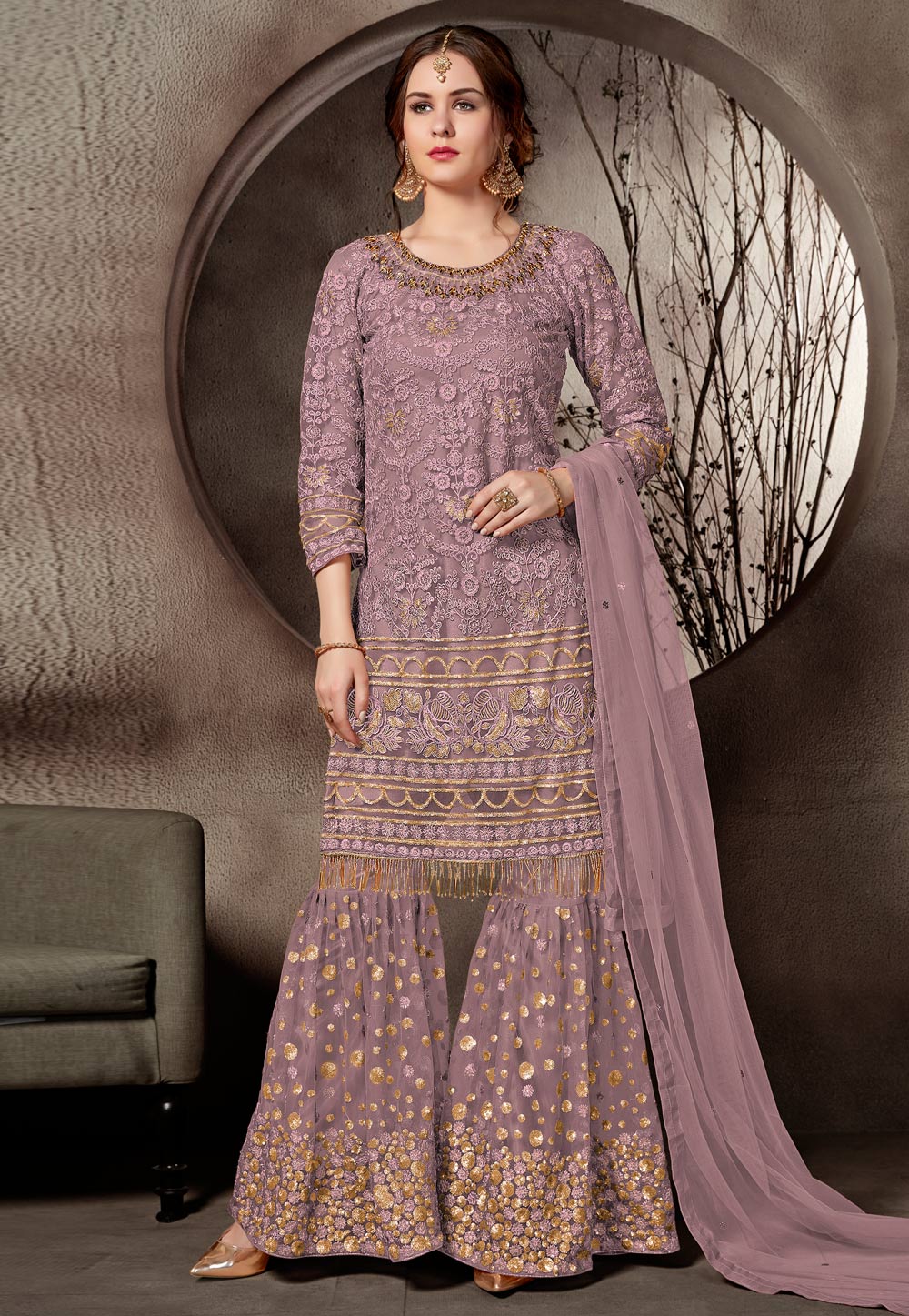 Light Purple Net Embroidered Sharara Suit 168746