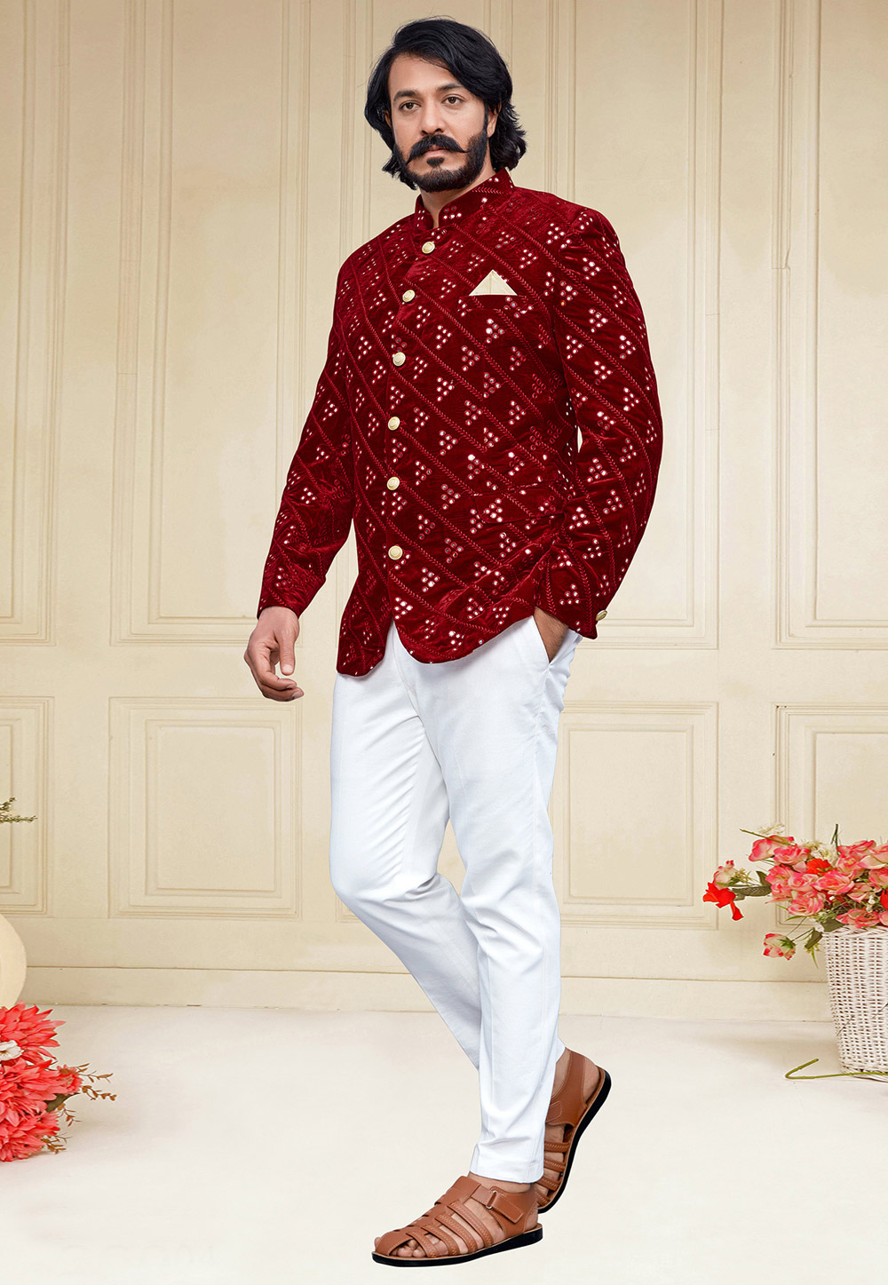 Maroon Velvet Jodhpuri Suit 249673