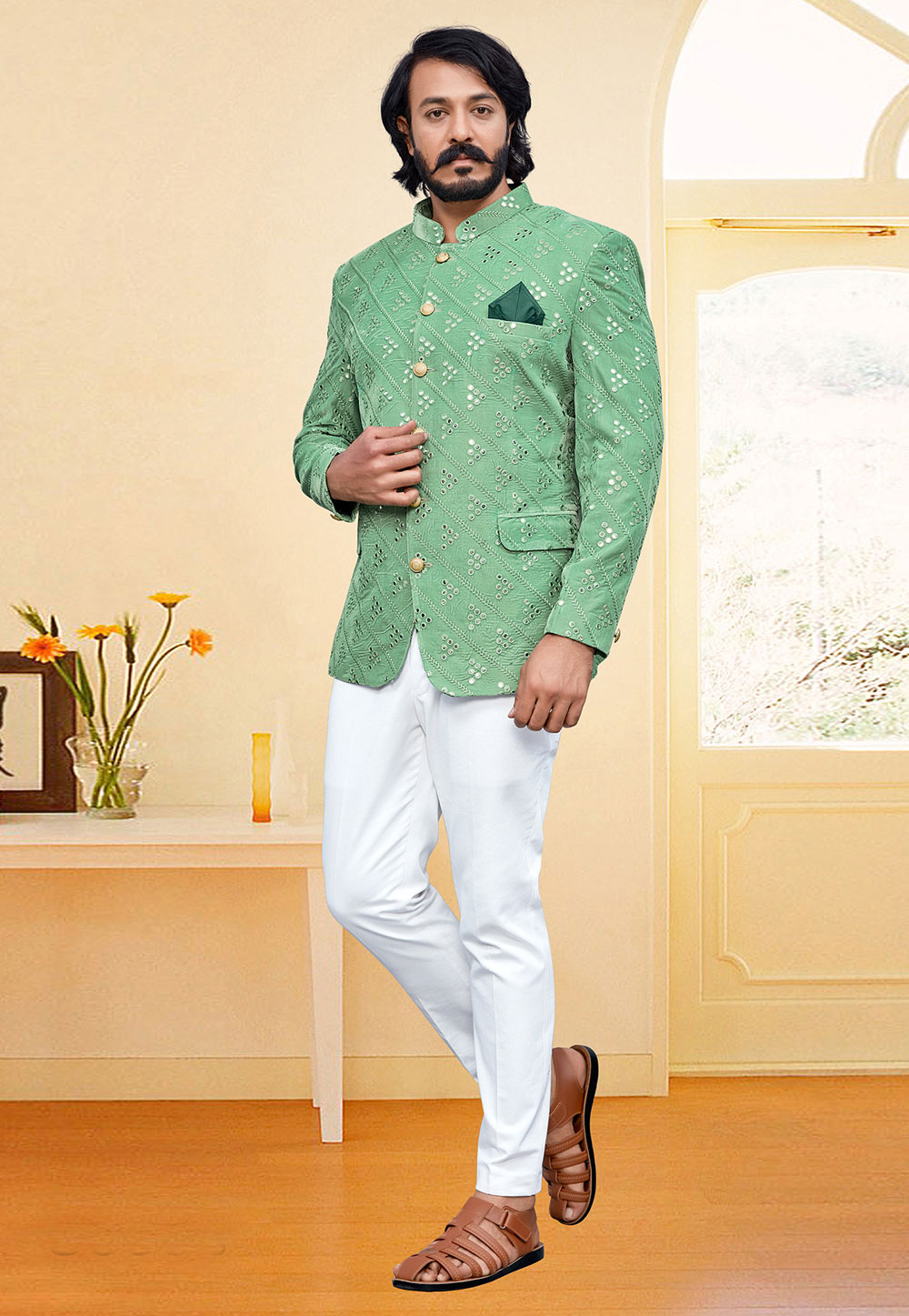 Pista Green Velvet Jodhpuri Suit 249675