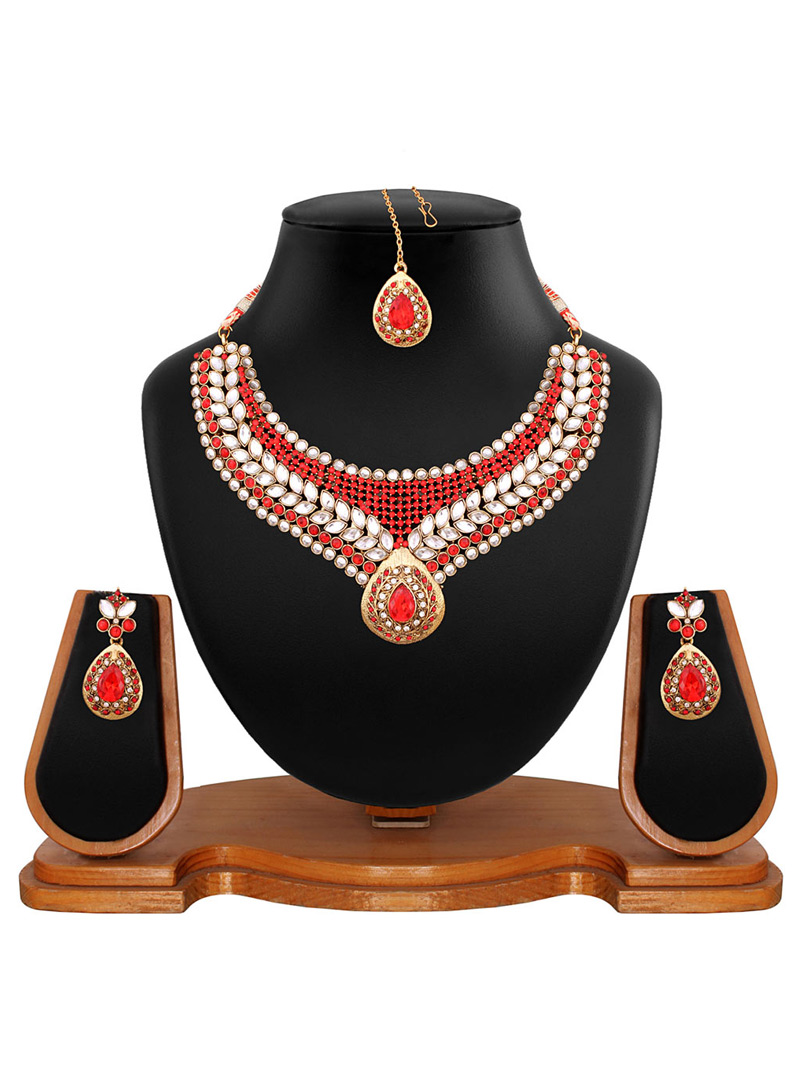 Red Alloy Austrian Diamonds Necklace With Earrings and Maang Tikka 64558