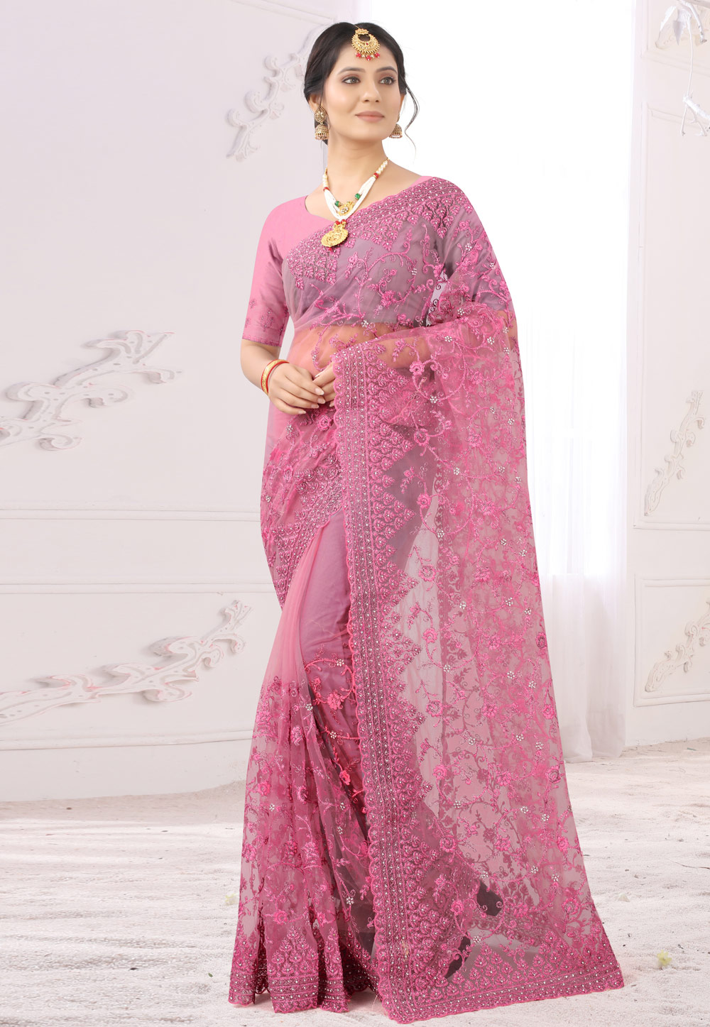 Pink Net Festival Wear Saree 227239