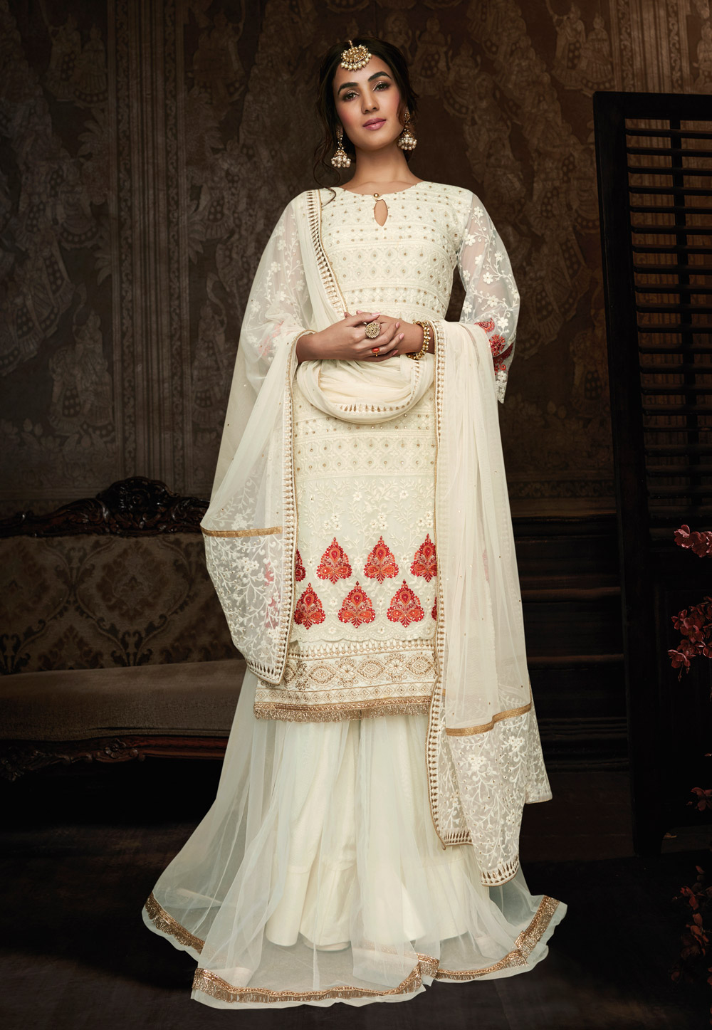 Sonal Chauhan Off White Georgette Kameez With Palazzo 199309