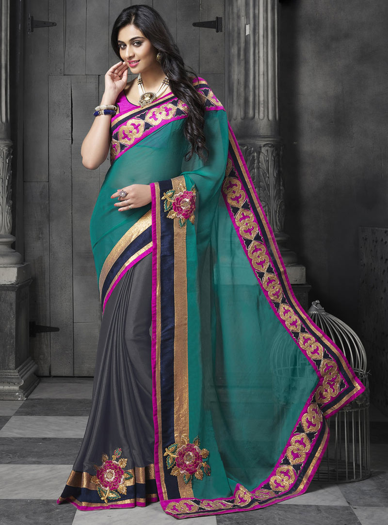 Teal Green Georgette Party Wear Saree 58244
