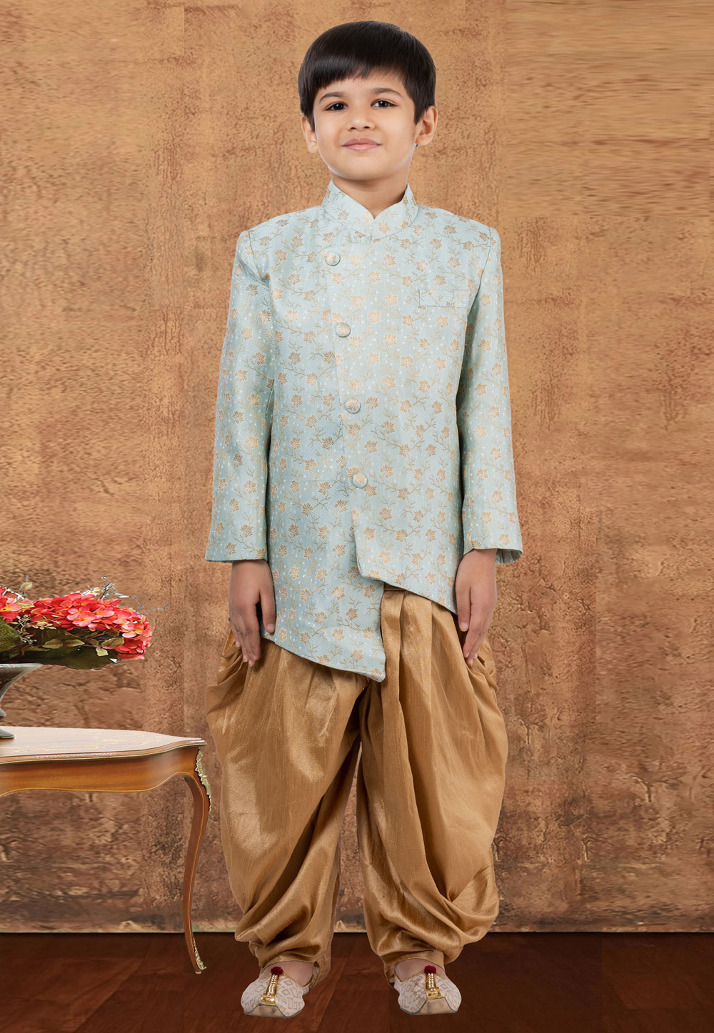 Sky Blue Jacquard Silk Kids Indo Western Suit 265237