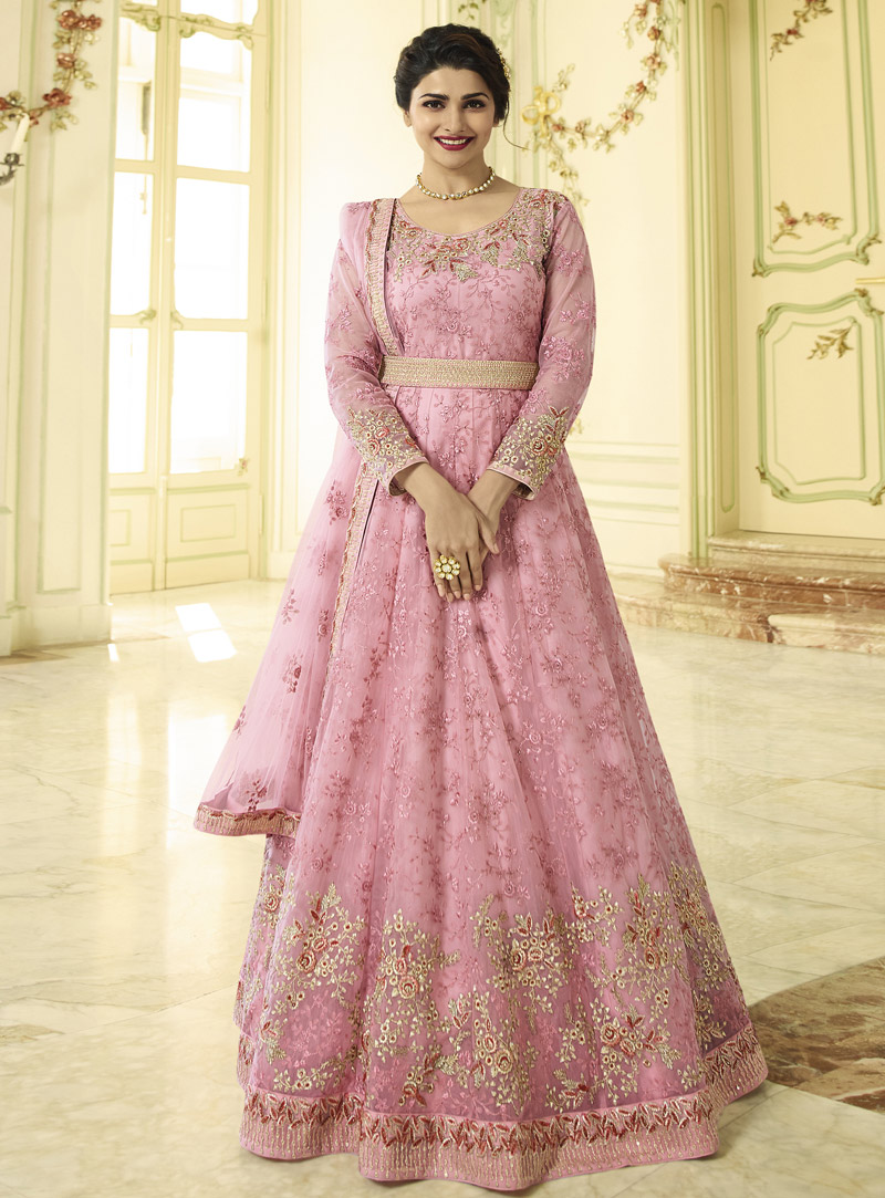 Prachi Desai Pink Net Long Anarkali Suit 153487