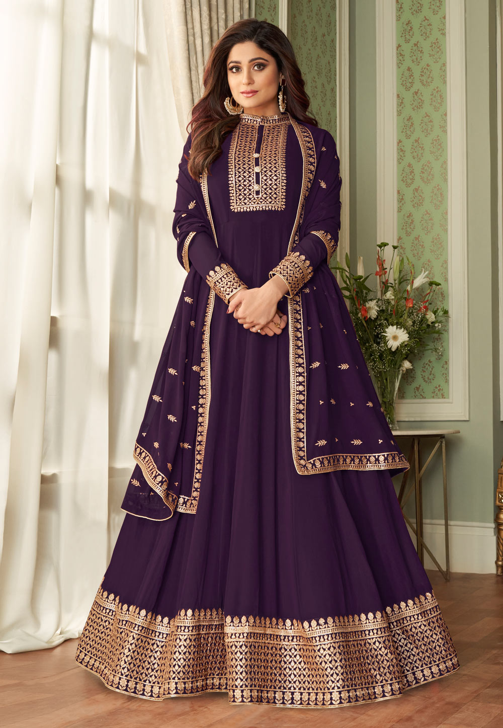Shamita Shetty Purple Georgette Long Anarkali Suit 234869