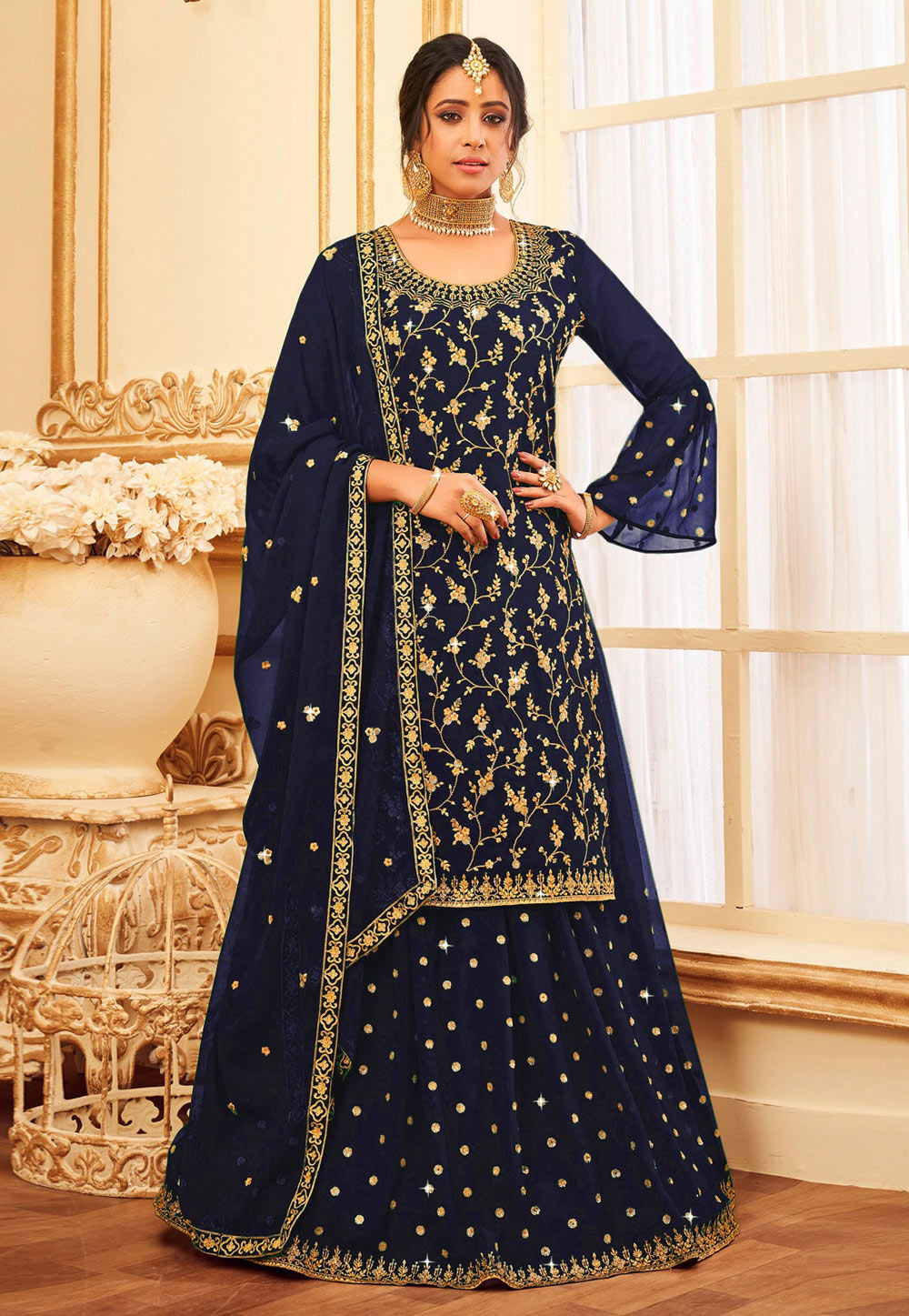 Navy Blue Faux Georgette Embroidered Long Choli Lehenga 248860