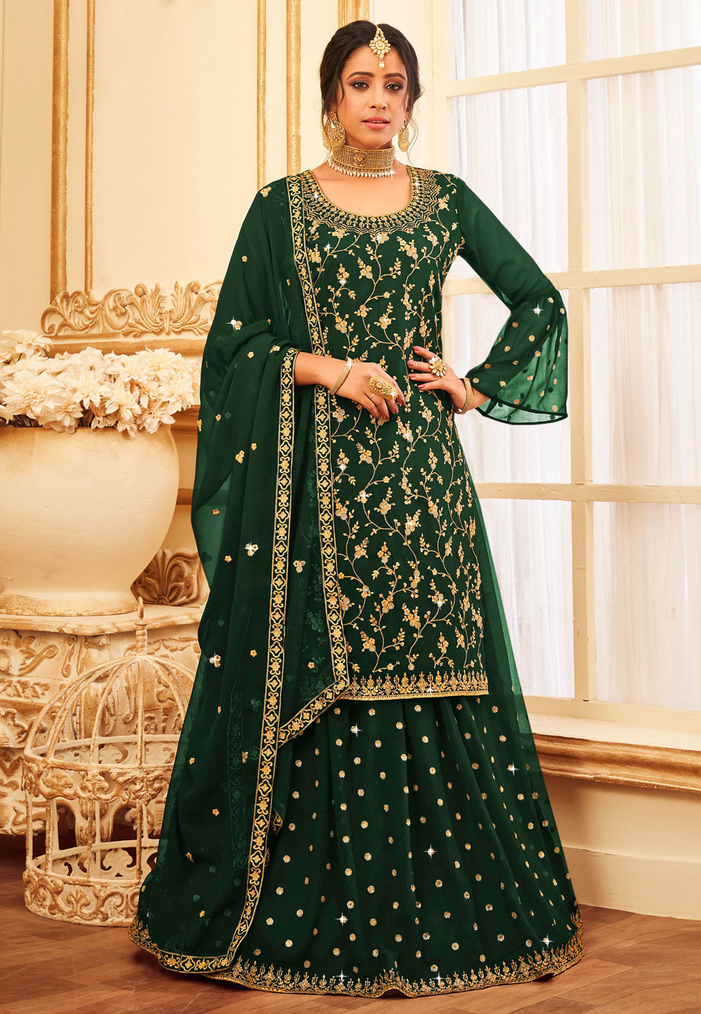 Green Georgette  Palazzo Suit 246188