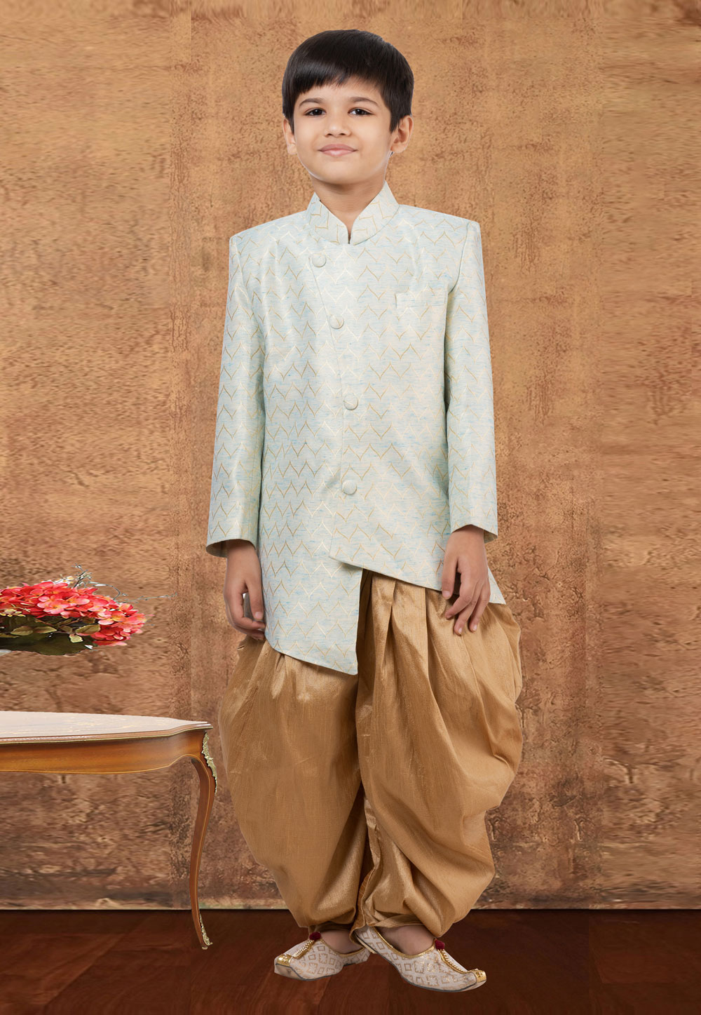 Off White Jacquard Silk Kids Indo Western Suit 265239