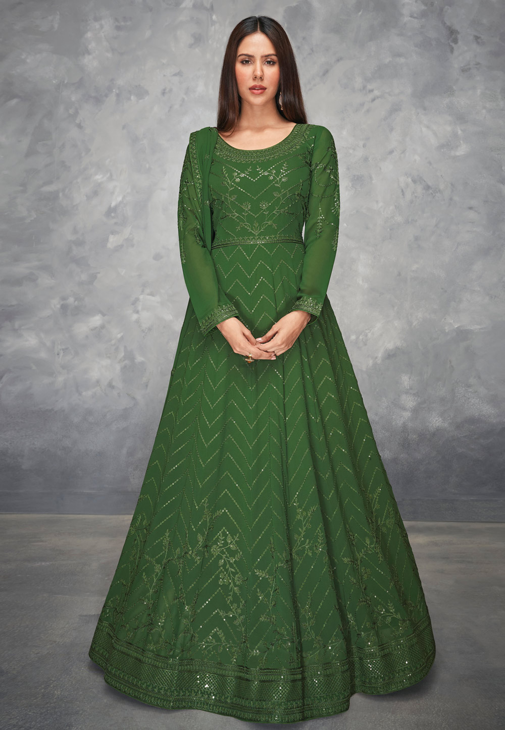 Green Georgette Long Anarkali Suit 237366