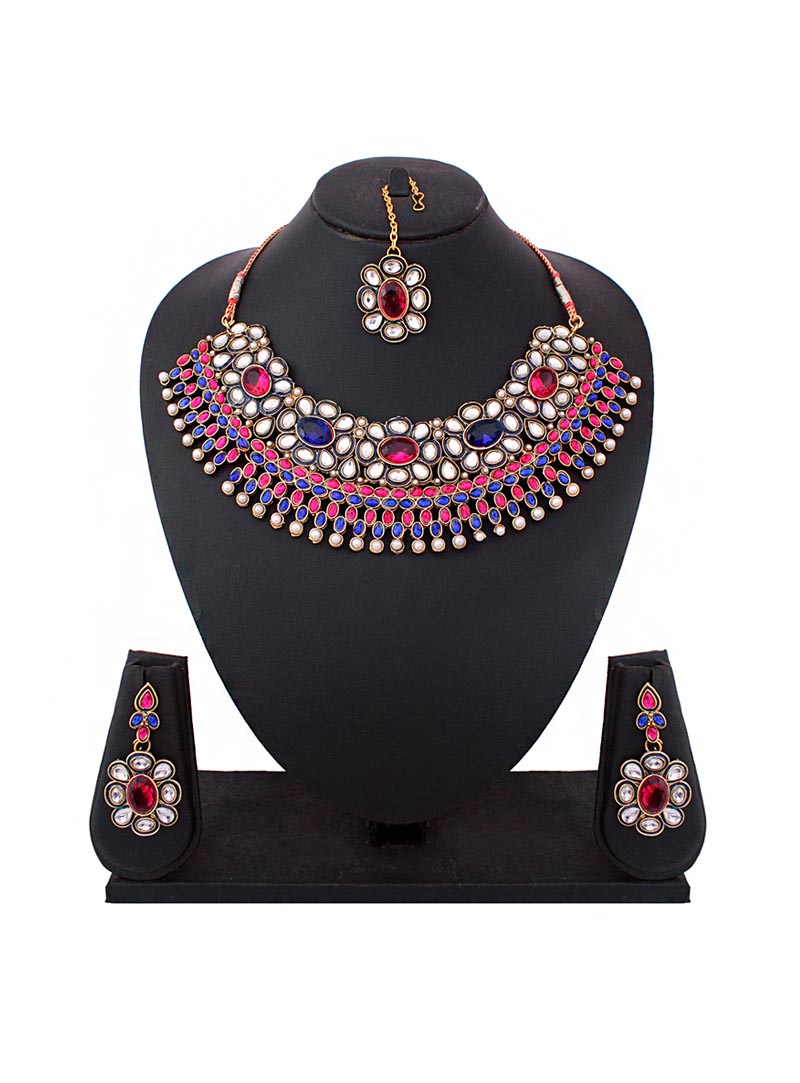 Blue Brass Kundan Necklace With Earrings and Maang Tikka 66743