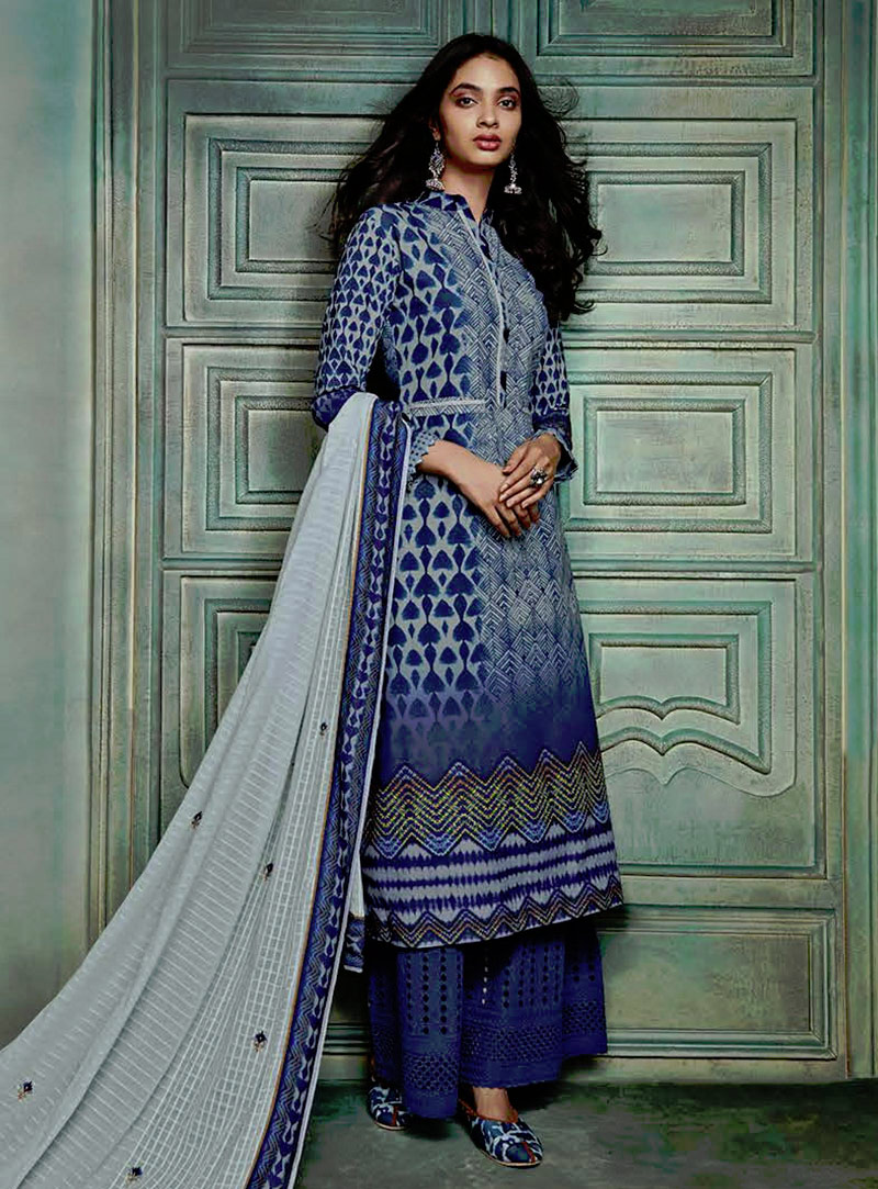 Blue Cotton Pakistani Style Suit 151012