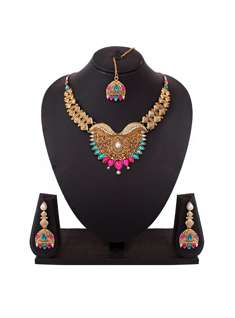 Pink Brass Kundan Necklace With Earrings and Maang Tikka 66746
