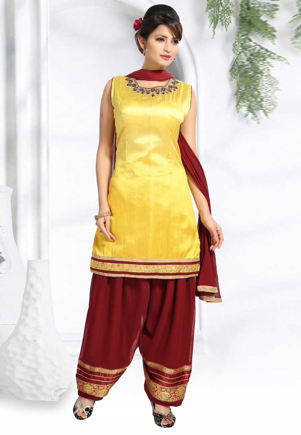 Yellow Banglori Silk Readymade Hand Work Patiala Suit 194229