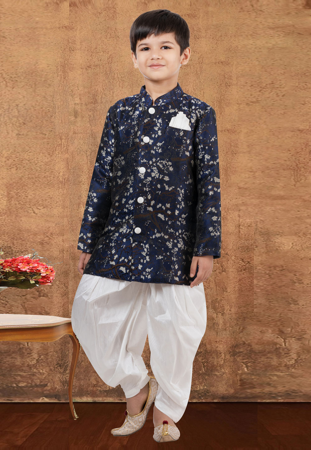 Navy Blue Jacquard Silk Kids Indo Western Suit 265240
