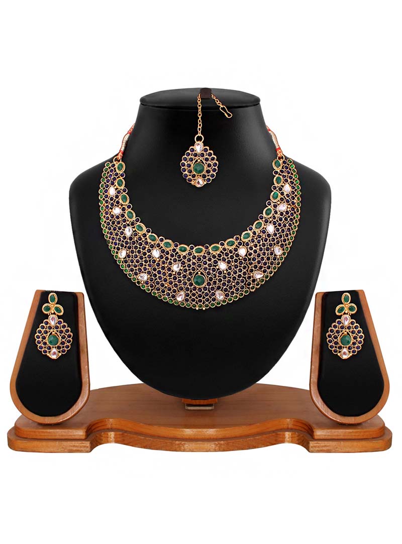 Green Brass Kundan Necklace With Earrings and Maang Tikka 66750