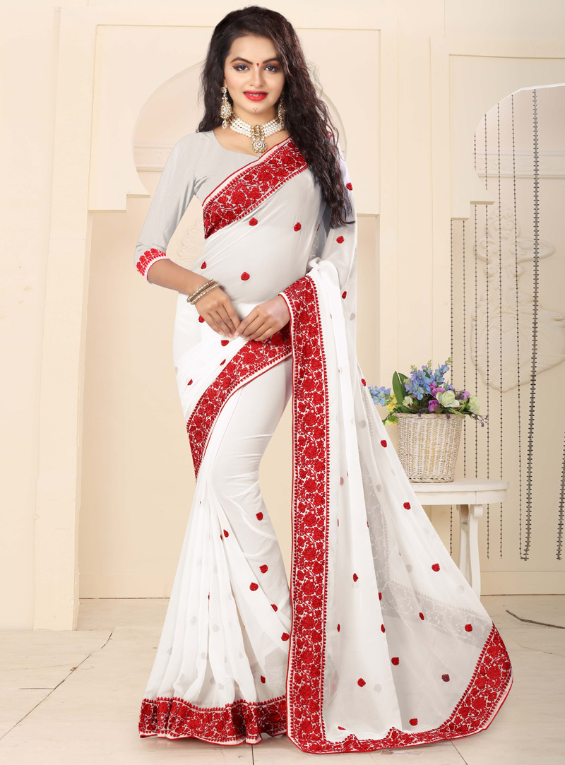 White Georgette Patch Lace Work Saree 104294