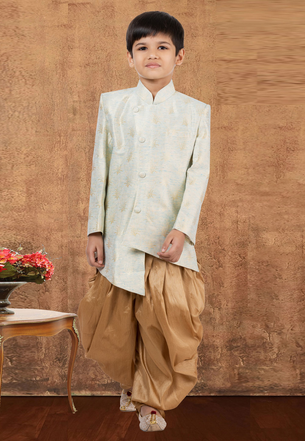 Off White Jacquard Silk Kids Indo Western Suit 265241