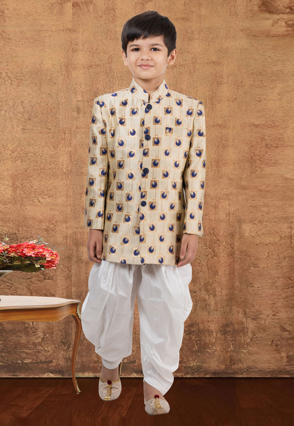 Beige Jacquard Silk Kids Indo Western Suit 265242