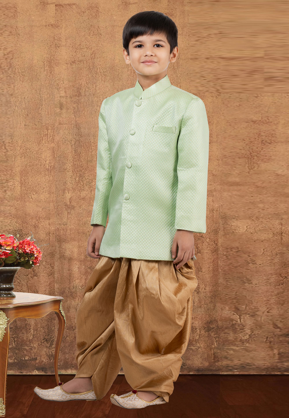 Pista Green Jacquard Silk Kids Indo Western Suit 265243