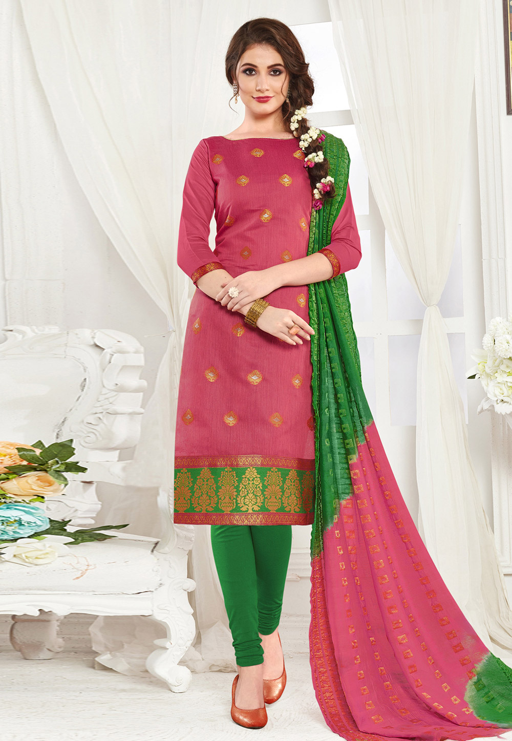 Pink Banarasi Churidar Suit 193098