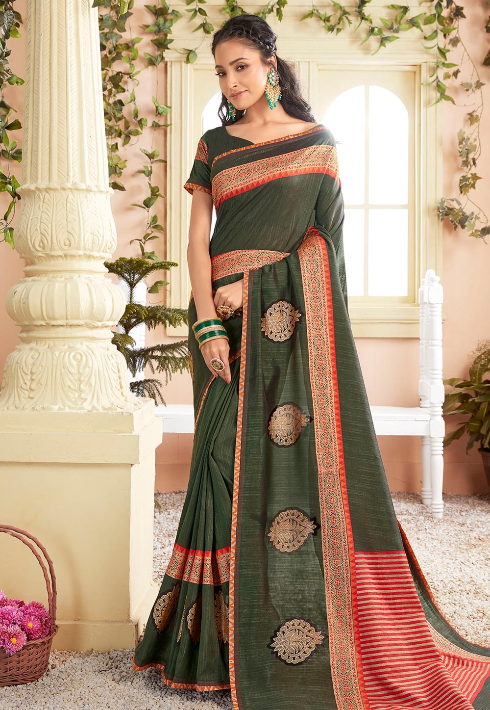Olive Green Chanderi Silk Saree With Blouse 193363