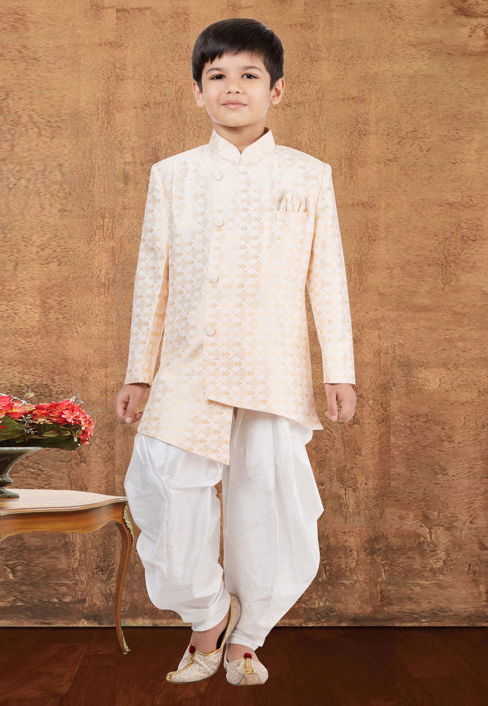 Cream Jacquard Silk Kids Indo Western Suit 265244