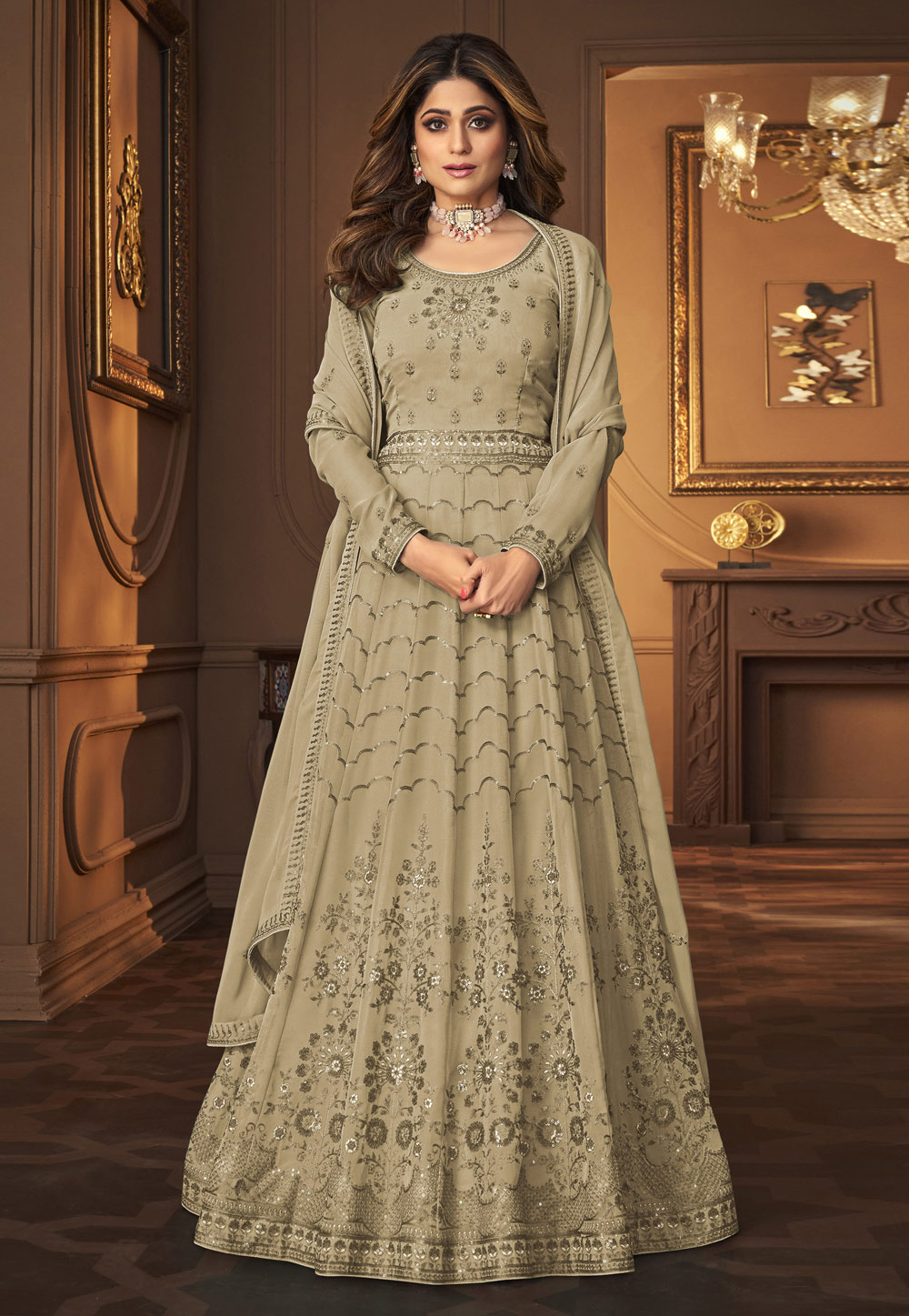 Shamita Shetty Beige Faux Georgette Abaya Style Anarkali Suit 251635