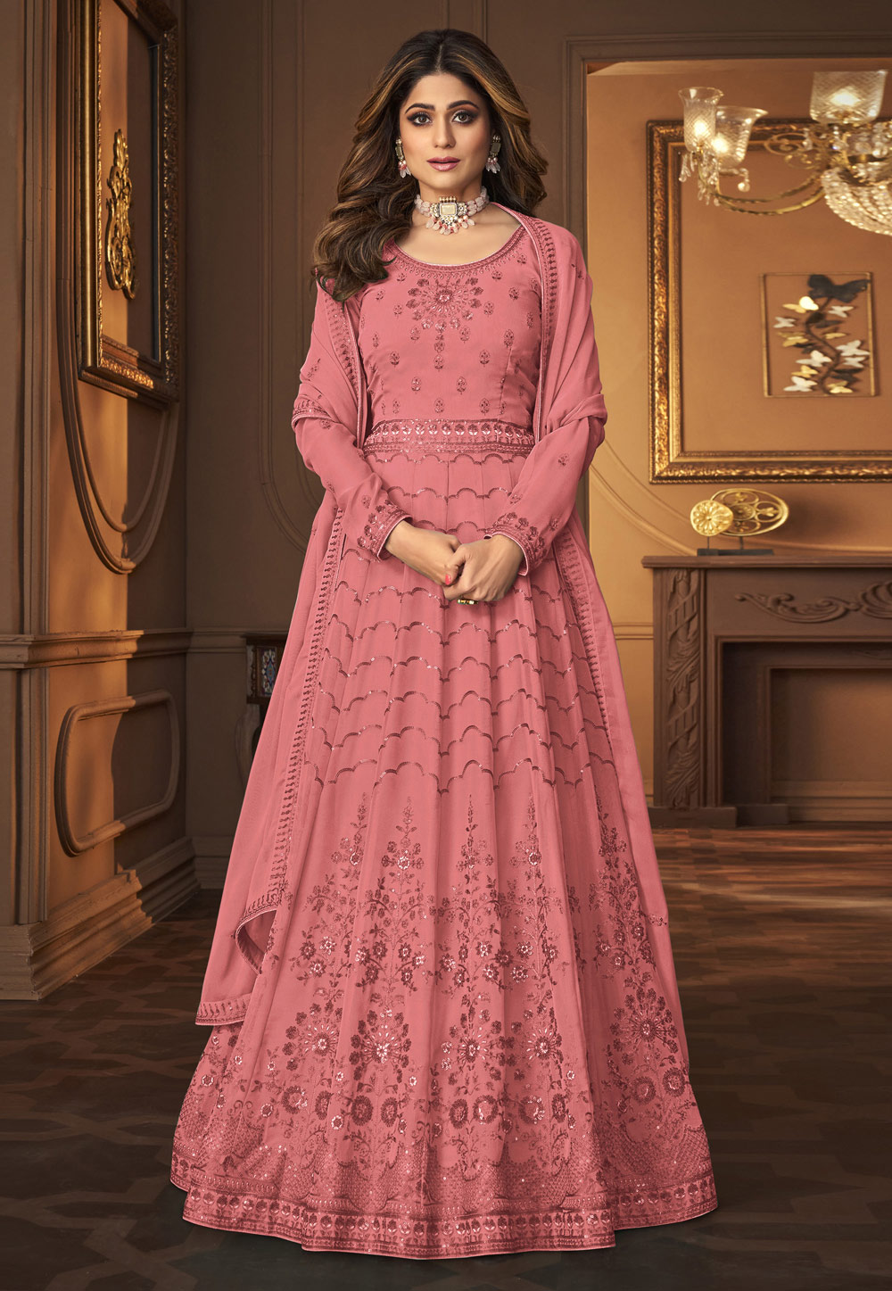 Shamita Shetty Pink Faux Georgette Long Anarkali Suit 251636