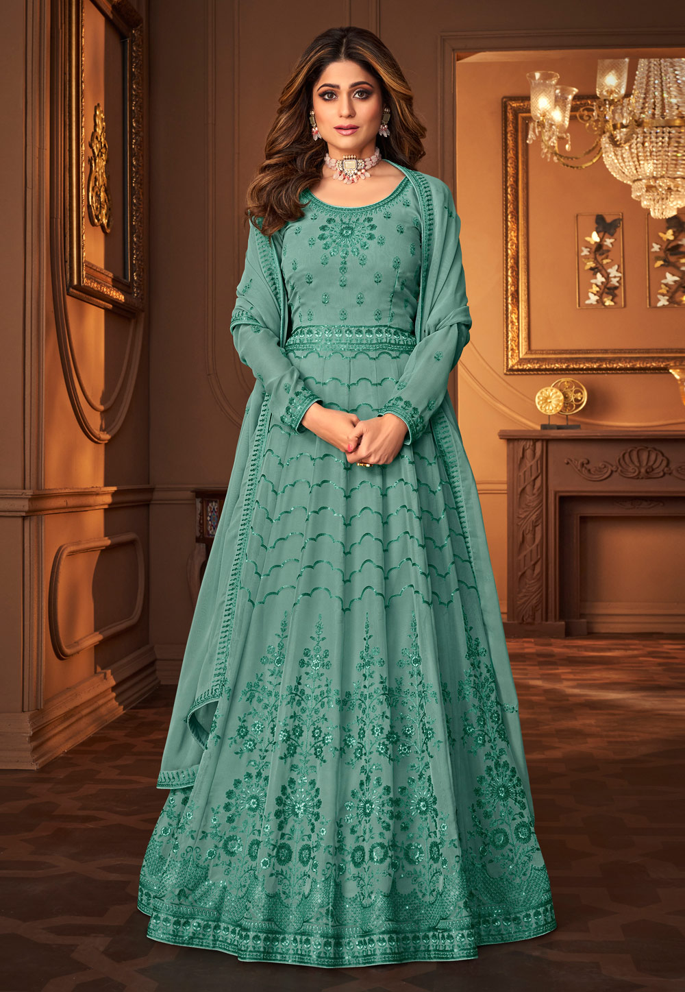 Shamita Shetty Sea Green Georgette Long Anarkali Suit 241788