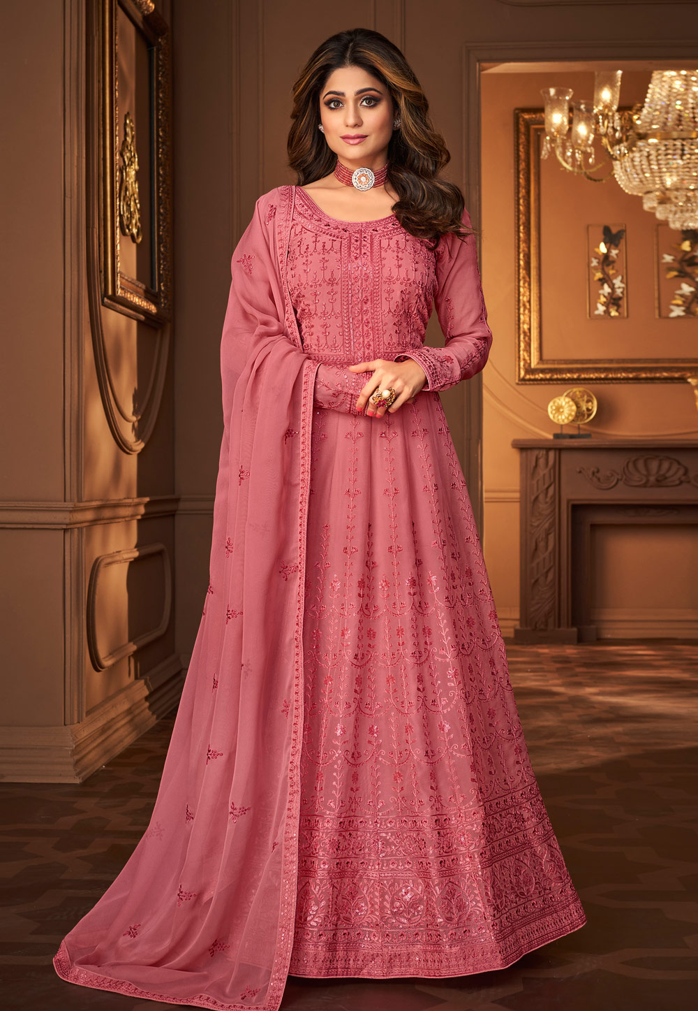 Shamita Shetty Pink Georgette Bollywood Anarkali Suit 241789
