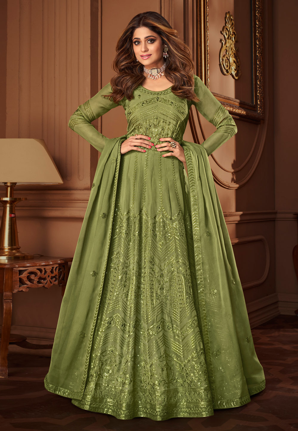 Shamita Shetty Green Georgette Long Anarkali Suit 241790