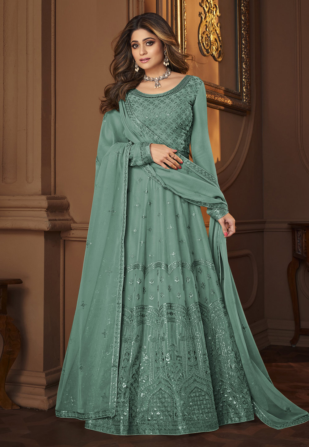 Shamita Shetty Sea Green Faux Georgette Long Anarkali Suit 251637