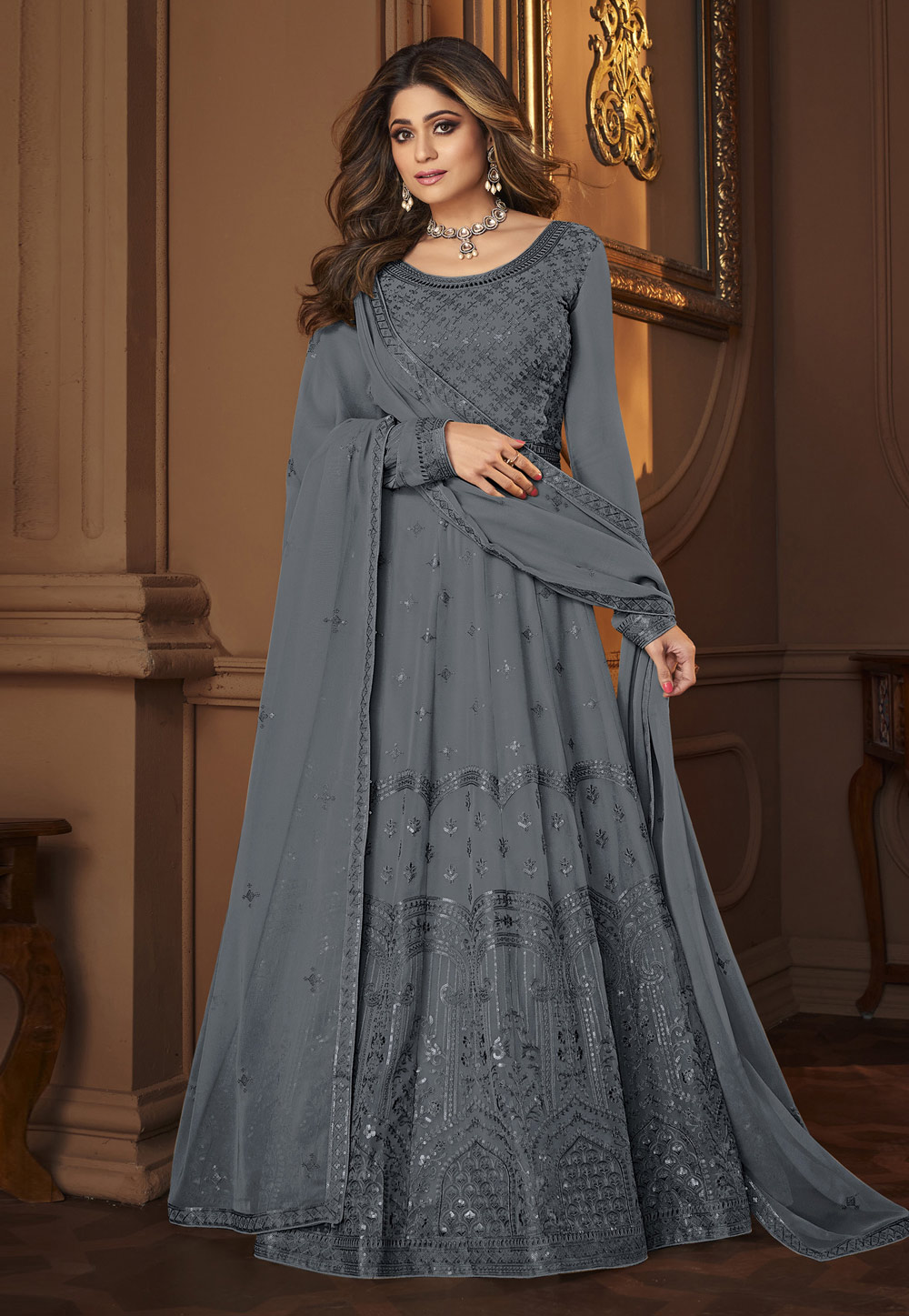 Shamita Shetty Grey Faux Georgette Abaya Style Anarkali Suit 251638