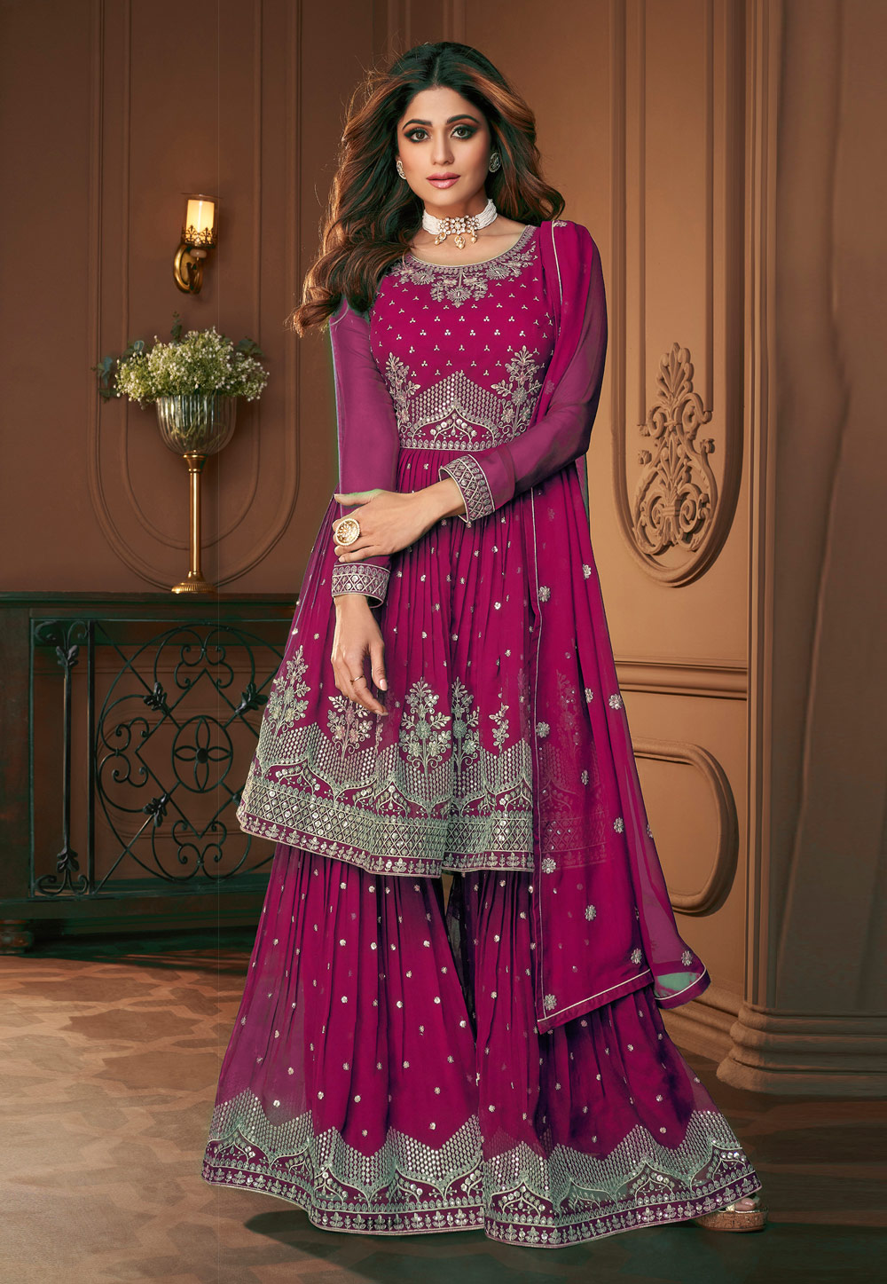 Shamita Shetty Purple Georgette Sharara Suit 252272