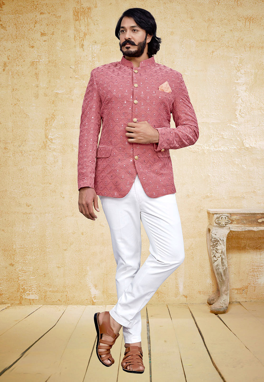 Pink Velvet Jodhpuri Suit 249677