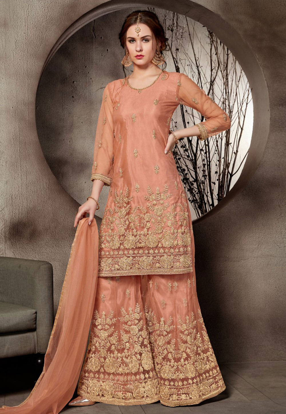 Peach Net Embroidered Sharara Suit 168748